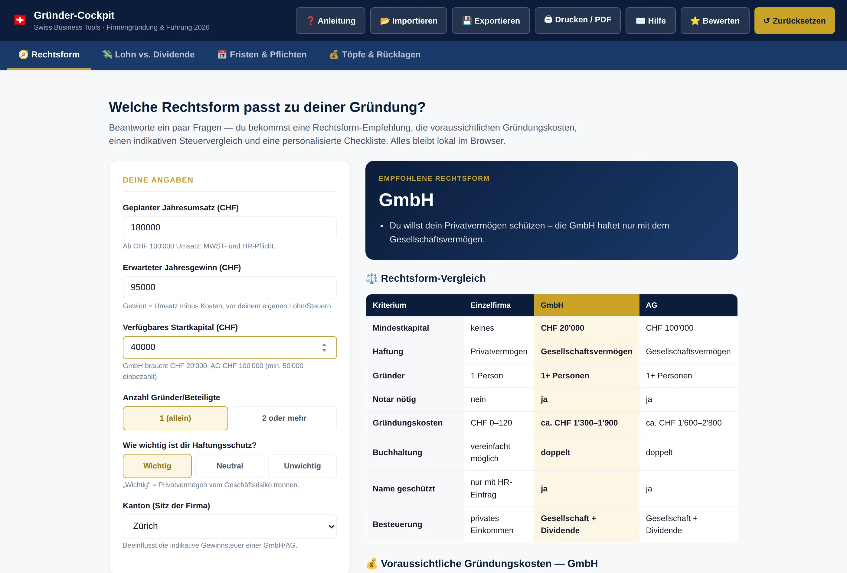 Gründer-Cockpit: Rechtsform-Empfehlung mit Vergleichstabelle Einzelfirma/GmbH/AG