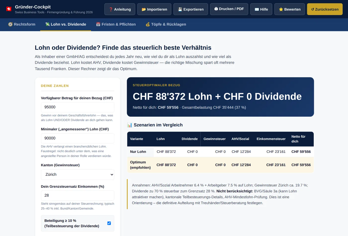 Gründer-Cockpit: Lohn-vs-Dividende-Optimierer mit steueroptimalem Bezug