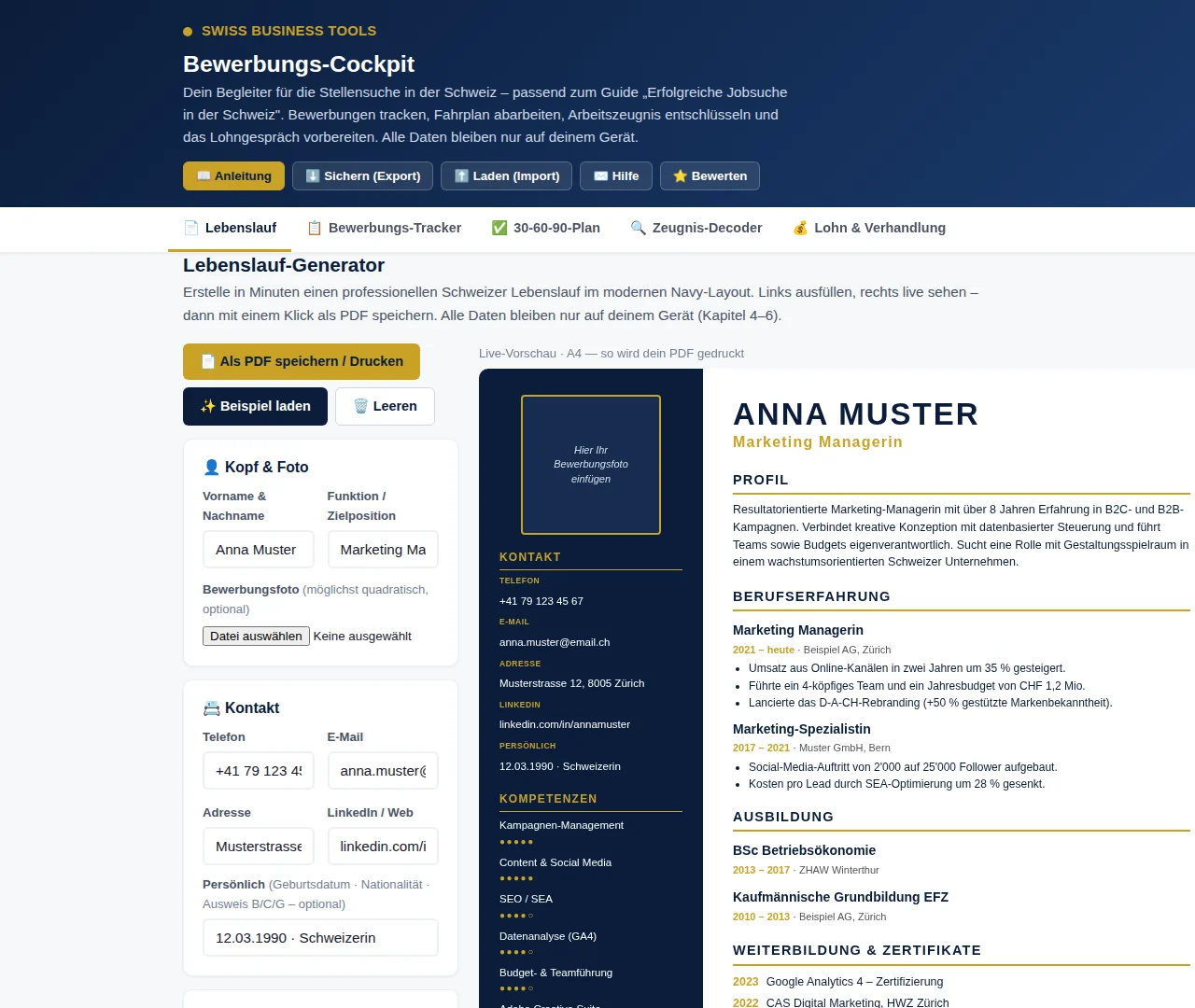 Cockpit di candidatura: generatore di CV con anteprima live ed esportazione PDF