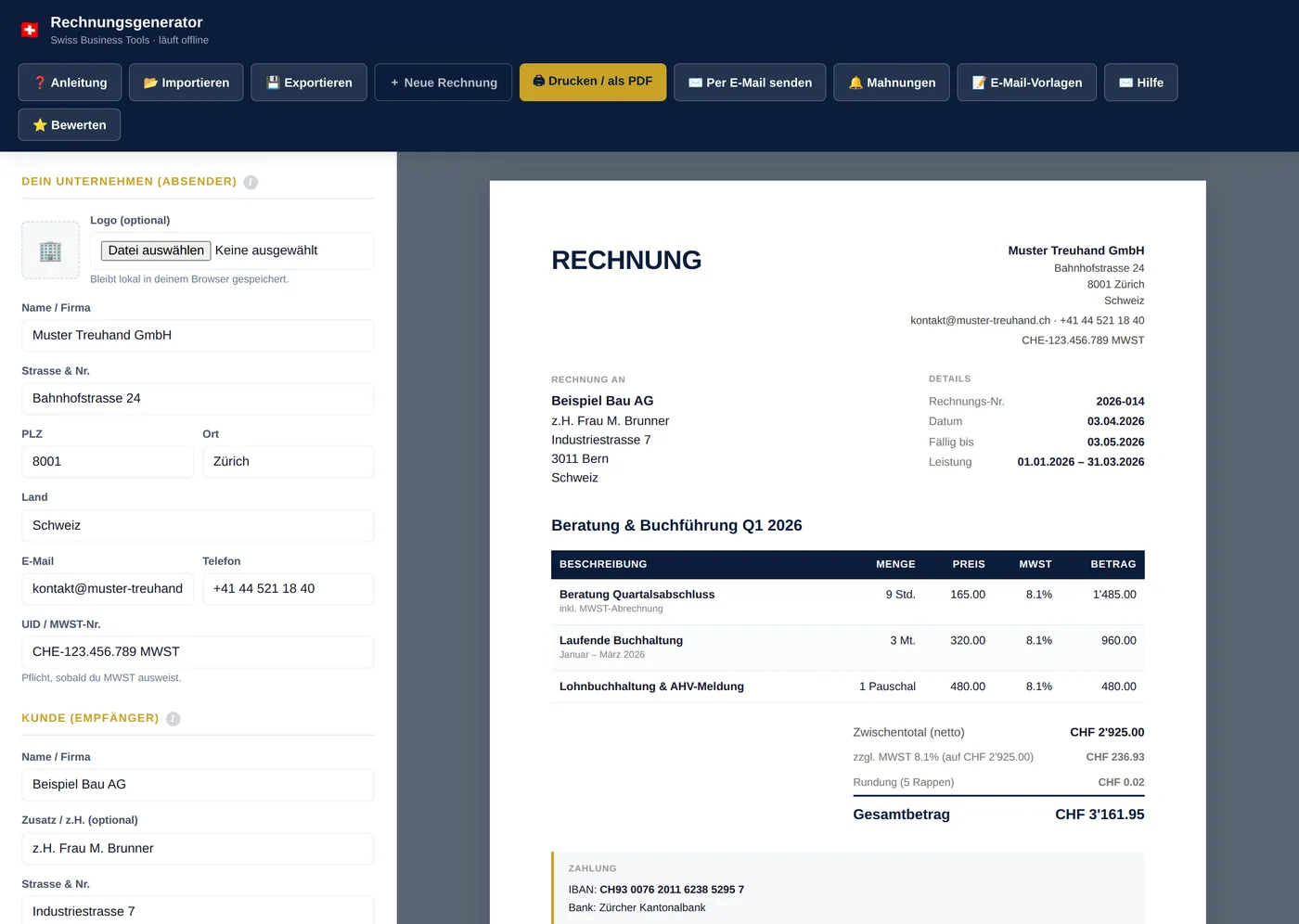 Rechnungsgenerator: Live-Editor mit A4-Sofortvorschau einer Schweizer Rechnung