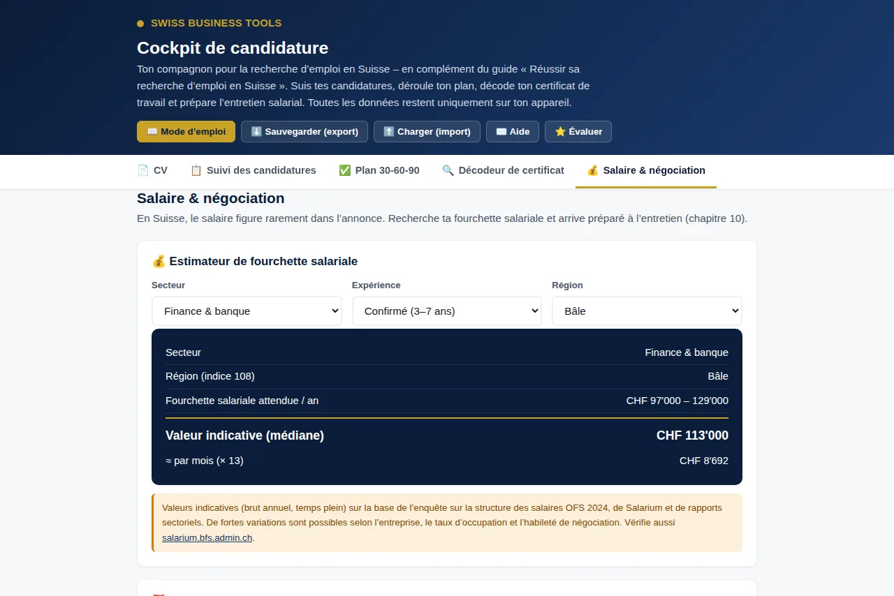Cockpit de candidature avec estimateur de salaire