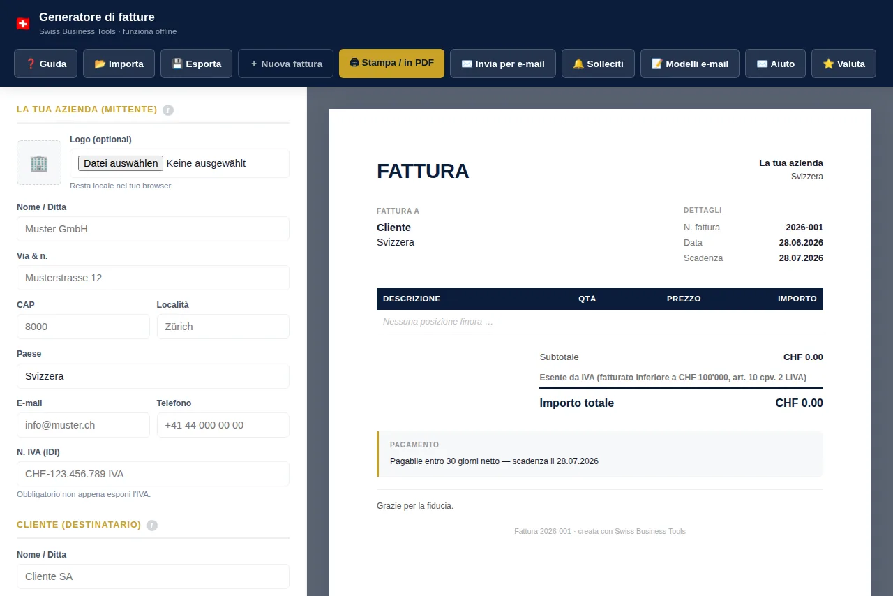Generatore di fatture interattivo con anteprima live