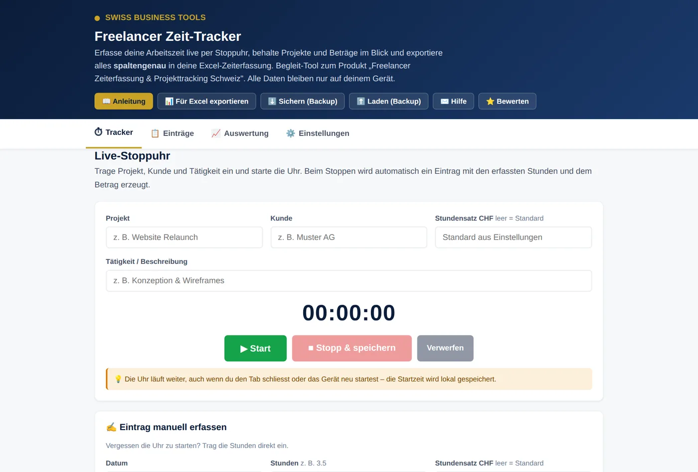 Freelancer Zeit-Tracker: Live-Stoppuhr mit Projekt- und Kundenerfassung