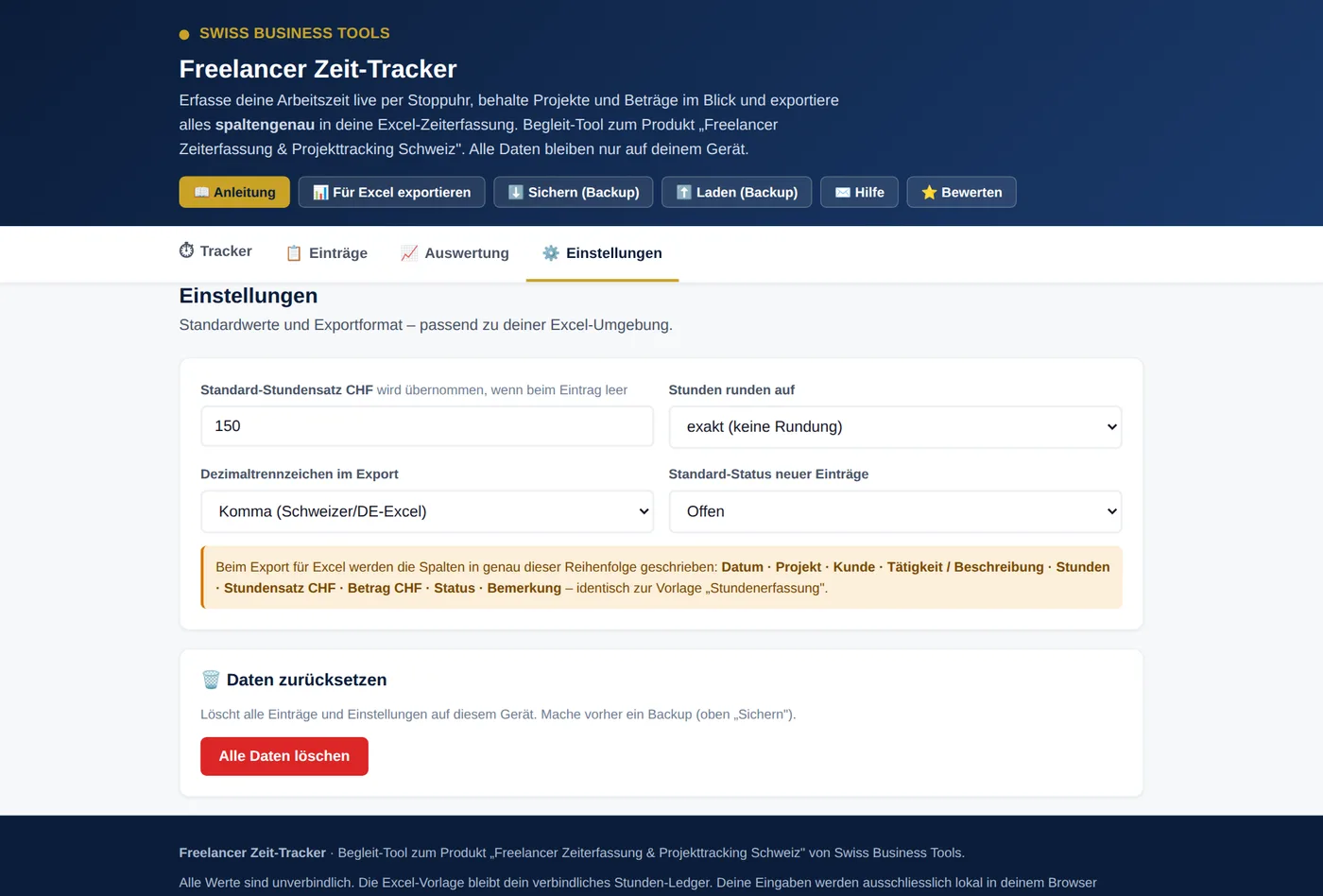 Freelancer Zeit-Tracker: Einstellungen mit Stundensatz und Excel-Export